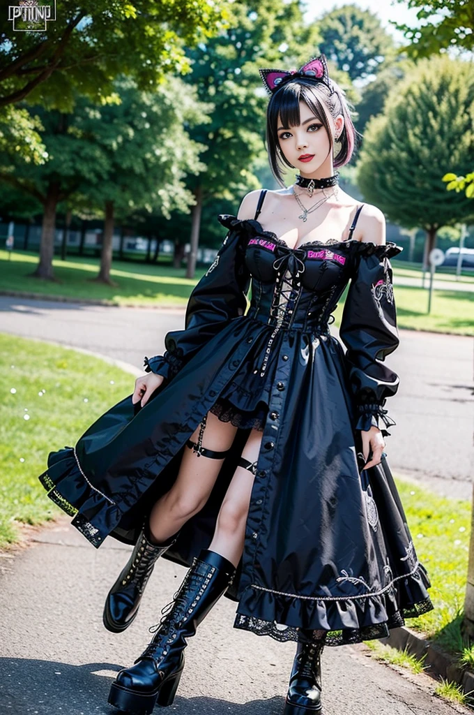 sexy stylish female model, only 1 female, ((doll-like appearance)), long dramatic stylish hair, ((shiny Punk-Style boots)), (smiling face), ultra detailed eyes, Punk makeup, lip-gloss, ((sexy Punk Lolita cosplay)), unconventional skirt, petticoats, high neckline, ((ultra detailed lace)), ((ultra detailed embroidery)), intricate details, tartan patterns, safety pins, Punk Lolita accessoires, Punk Lolita choker, ((large sparkling Punk Lolita jewelry)), cinematic light, detailed large park background with trees