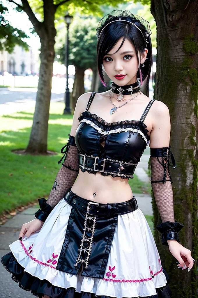 sexy stylish female model, only 1 female, ((doll-like appearance)), long dramatic stylish hair, ((shiny Punk-Style boots)), (smiling face), ultra detailed eyes, Punk makeup, lip-gloss, ((sexy Punk ta cosplay)), unconventional skirt, petticoats, high neckline, ((ultra detailed lace)), ((ultra detailed embroidery)), intricate details, tartan patterns, safety pins, Punk Loliccessoires, Punk Lolita cr, ((large sparkling Punk Lolita jewel, cinematic light, detailed large park background with trees