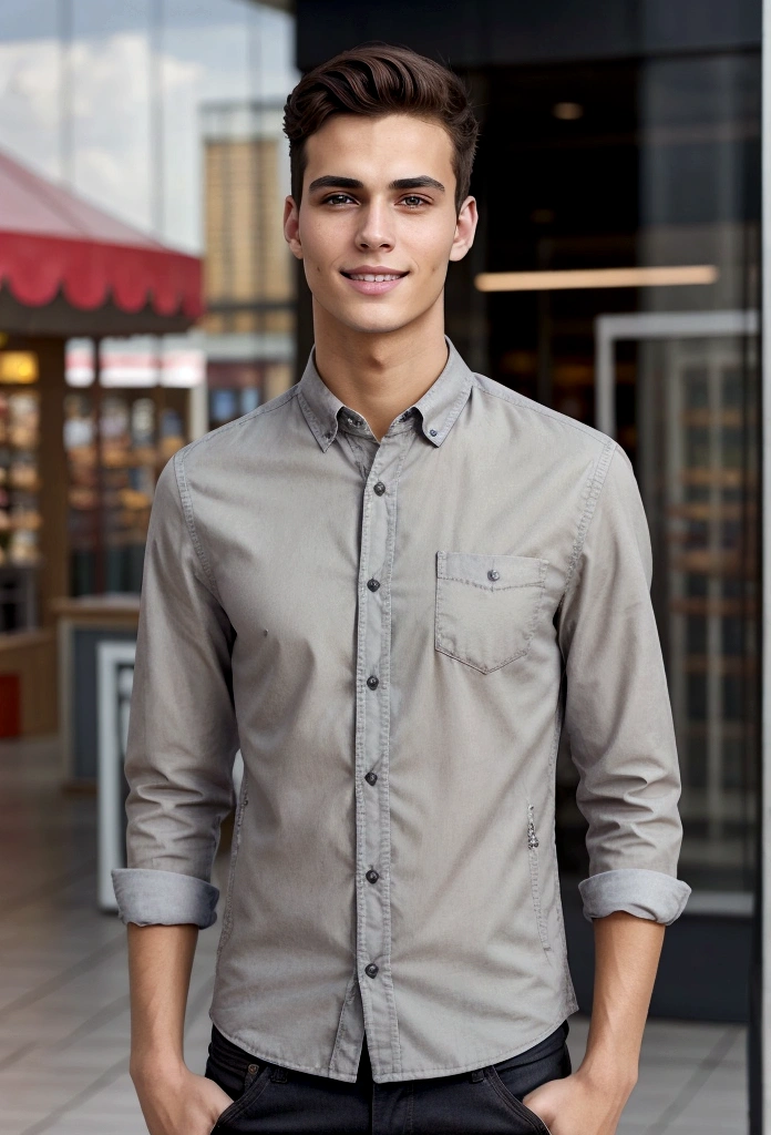 Young handsome slim brunette man taking realistic selfie, in a shopping center, high quality background