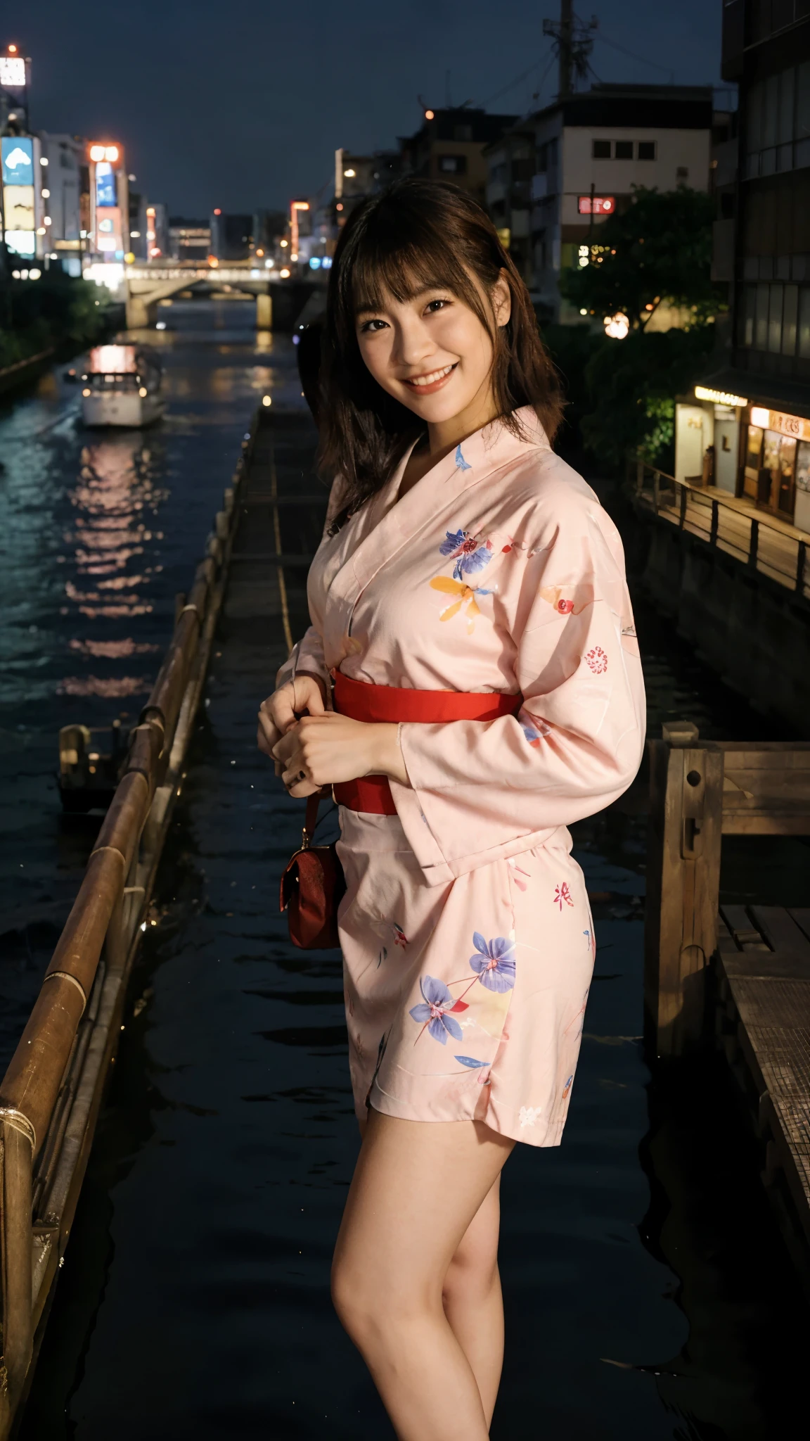 osaka city reference, city street with a river and a bridge at night and cruiser ship at middle of river, japanese city at night, japanese neon signs, japan at night, japanese city, glowing light, Bird eye view: A woman looking at the river、yukata、young woman、Japanese、cute、Laughing with mouth open、Bright expression、Cute yukata outfit