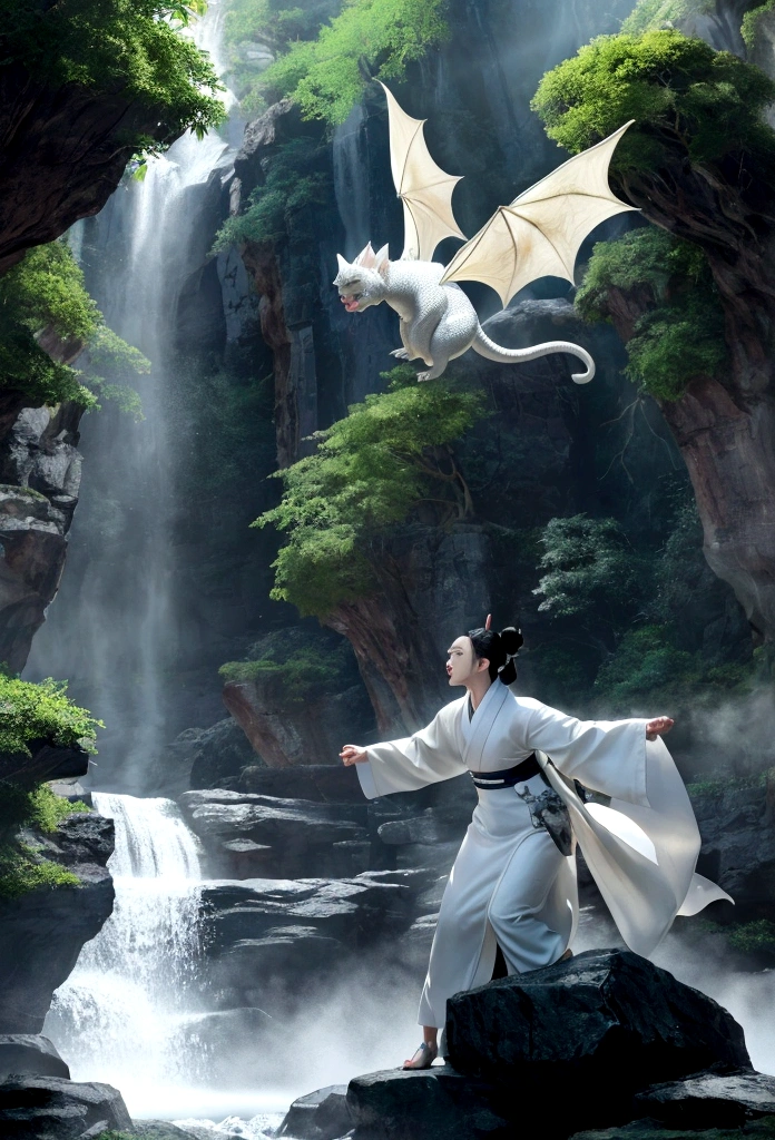 Asian style white dragon flying around a mystical waterfall、The white dragon&#39;s body is long and undulating like a large snake., And in his right hand he holds a jewel.、He roars with his majestic horns and beard.、Cat-eared girl challenging the white dragon、[Object Object], (Detailed facial features:1.3), (RAW Photos, 16K, Tabletop, Highest quality: 1.2), (Ultra-realism, Ultra-dense and complex realism: 1.3), (The depth of the writing world, Radiation Mapping, Ray Tracing, God&#39;s Rays: 1.2), High Dynamic Range, Vivid, Rich details, Revealing shadows and highlights, Realistic, That&#39;s horrible, Increased contrast, A cat-eared girl in a kimono fighting a white dragon at a mysterious waterfall、