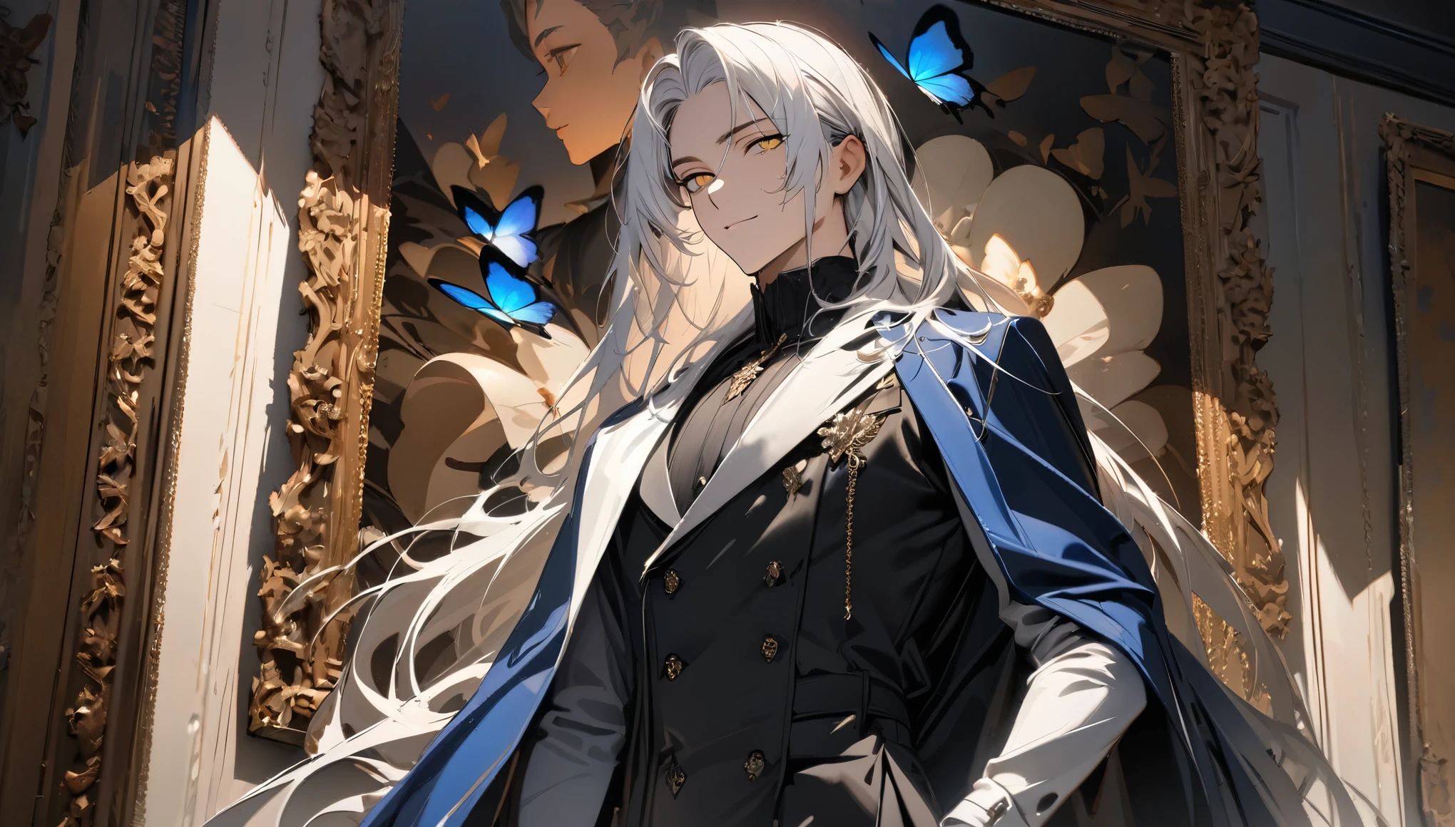 (masterpiece:1.5),best quality,(1 Handsome man),alone,white long length hair,(Golden eyes), (A soft smile),elegant,perfect face,Long black trench coat,white and blue cloth,white leather gloves,white lining,Slightly muscular body,High,8K,Beautiful contrast of light and shadow,Dark luxury background,(complete upper body),Positive face,luxury screen,Standing in front of the historical oil painting,Exquisite picture frame,((many erflies)),(Museum),Museum