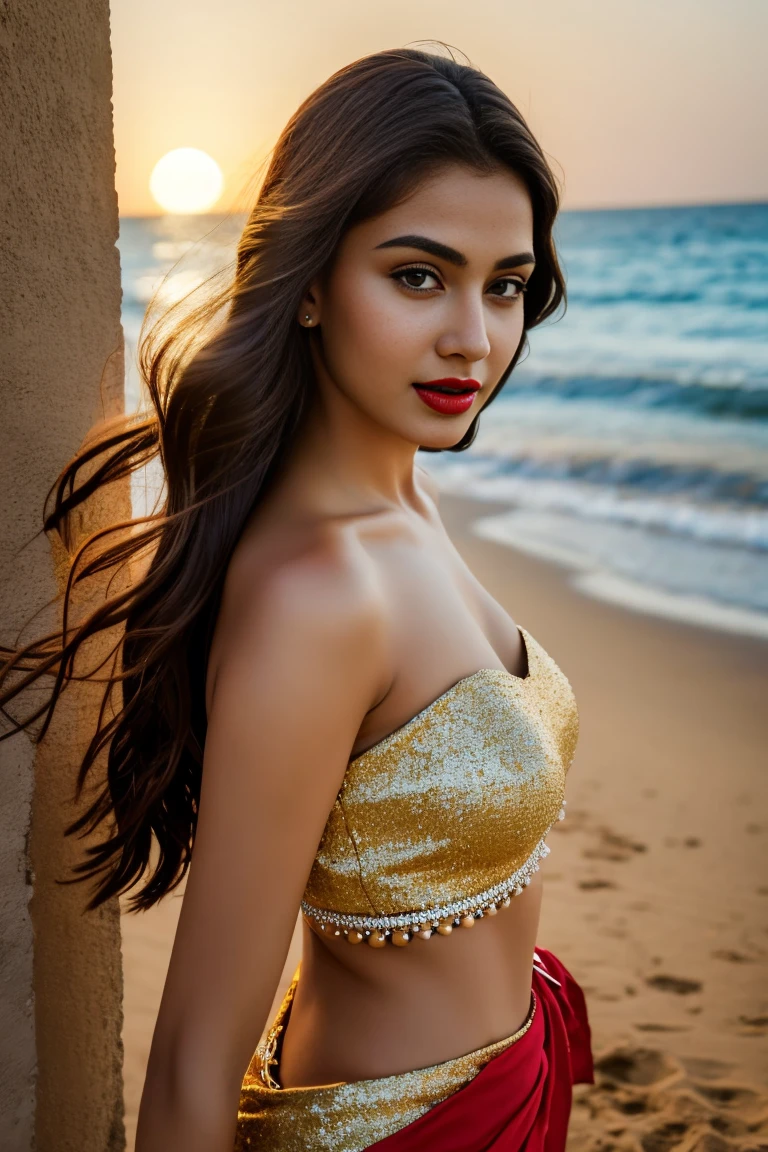 Ultra realistic cinematic soft light and ultra detailed red hour portrait,1girl in, 19, Solo, Long hair, Colossal , Looking at Viewer, black hair, Bare shoulders, Brown eyes, Full body, off shoulders, saree, Realistic, A sexy, 4K, max quality, small breasts, super sharp image, 8K, beautiful pose, playboy model, photo session, red lips, headshot, masterpiece, sex bomb, kashmiri, detailed body, Egyptian dress, chewing lips, highly detailed, seducing, seductive,face only, perfect lightening, white skin, good bright lightening, beach , dancing