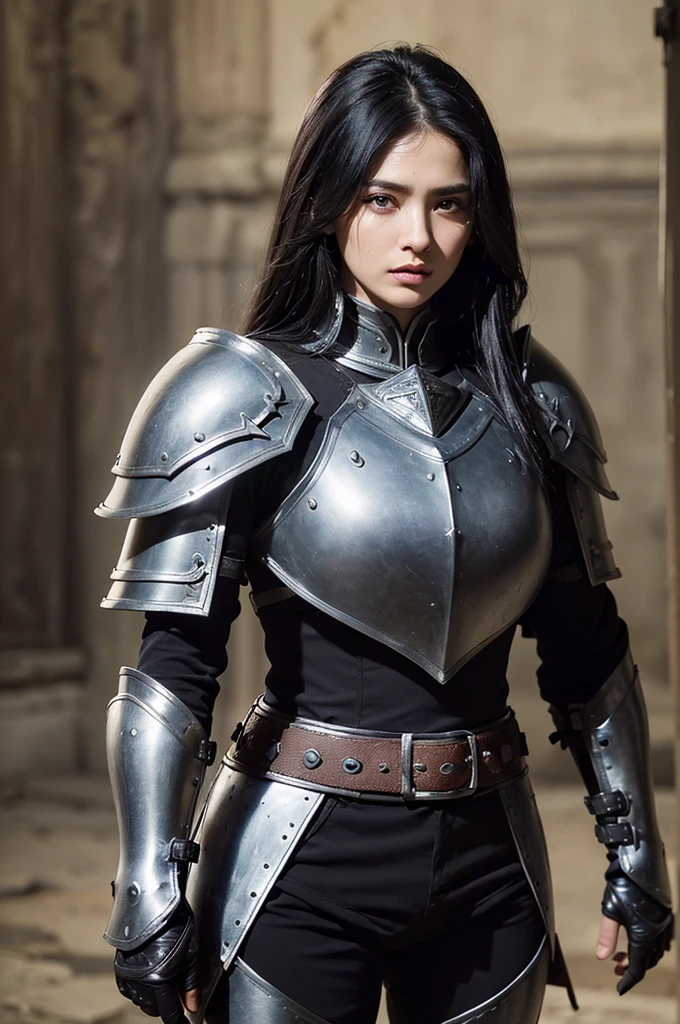 The best quality in the best condition,High resolution,((Like the picture))、((High quality))、((8K)) ,(masterpiece:1.2), (Highest quality:1.2),Perfect Eyes, Perfect Face, Volumetric lighting, Mature Warrior, Mature Woman,(((Big Breastodel shoot、(1 girl)、Islamic Warrior、Hyper Real、Super detailed、Dynamic Shot、masterpiece、Sharp details in the scene、Perfect Eyes、Perfect Skin、Perfect handedium black hair、Black Armor、black leather armor、((boots))、 (Ancient fantasy soldiers),(Ancient soldier armor),Combat Accessories,Disheveled Hair、long hair、