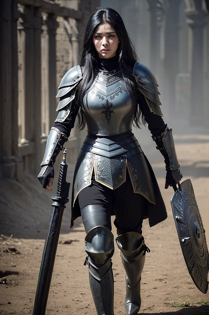 The best quality in the best condition,High resolution,((Like the picture))、((High quality))、((8K)) ,(masterpiece:1.2), (Highest quality:1.2),Perfect Eyes, Perfect Face, Volumetric lighting, Mature Warrior, Mature Woman,(((Big Breastodel shoot、(1 girl)、Islamic Warrior、Hyper Real、Super detailed、Dynamic Shot、masterpiece、Sharp details in the scene、Perfect Eyes、Perfect Skin、Perfect handedium black hair、Black Armor、black leather armor、((boots))、 (Ancient fantasy soldiers),(Ancient soldier armor),Combat Accessories,Disheveled Hair、long hair、