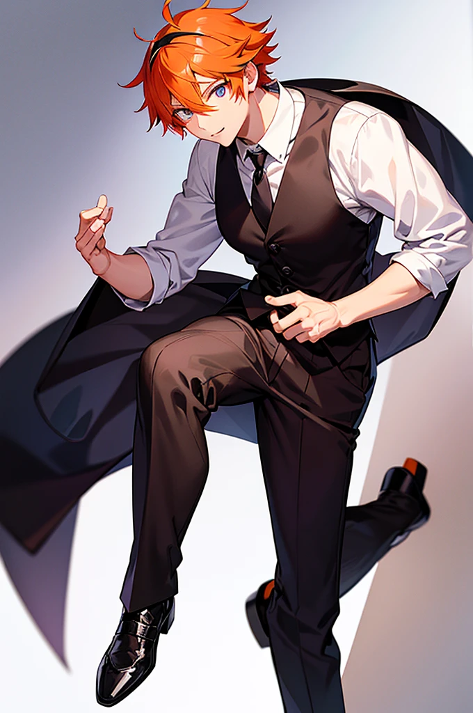 White background、Japan anime illustrations、Adult male、Anime Male、Orange Hair、all back、Black headband、Monocle、Purple Eyes、White shirt、Black vest、Black slacks、Brown leather shoes、bartender