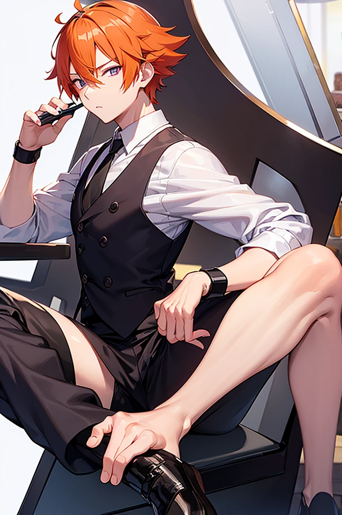 White background、Japan anime illustrations、成人male、アニメのmale、Orange Hair、all back、Black headband、Monocle、Purple Eyes、White shirt、Black vest、Black slacks、Brown leather shoeale、日本のmale、勝気な表情で笑っているmale、おでこがでているmale、Rolling up his sleeves