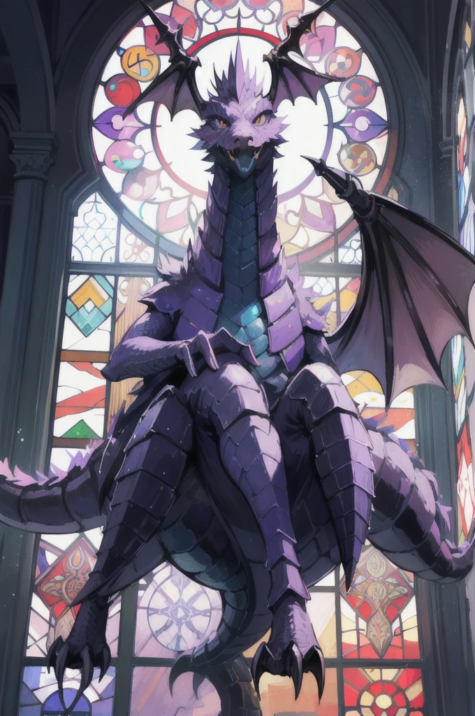 a close up of a dragon sitting in a stained glass window, a majestic gothic dragon, very cute purple dragon, dragon art, by Mario Dubsky, stained glass art, amethyst stained glass, dragon in the background, detailed art in color, by Robert Richenburg, by Adrienn Henczné Deák, a majestic gothic indian dragon, dragon centered