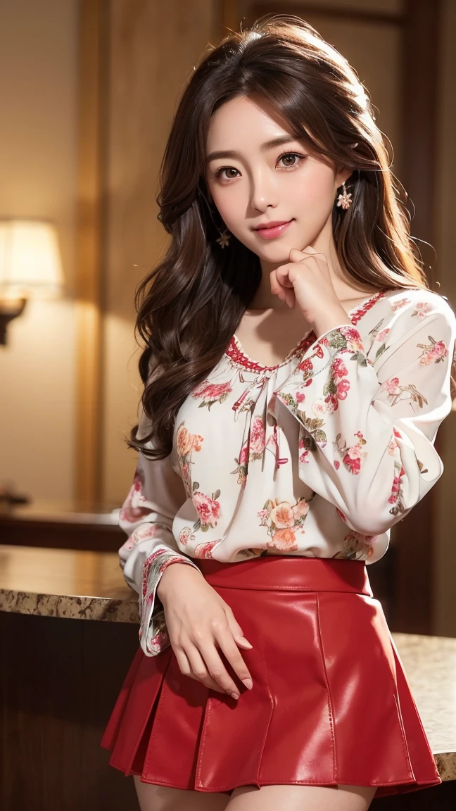 ((Kumiko Goto:1.3))Beautifully detailed face、Pale skin、Realistic glowing skin、Detailed cloth texture、Detailed hair texture、Perfect body、Beautiful Face、correct、Anatomically correct、 Highly detailed face and skin texture、Natural neck length、(Beautiful Hands)、(Fair skin:1.2)、Thin legs、Thin legs、 break 細かい目元、Symmetrical eyes、Light brown eyes、double eyelid、Thin eyebrows、(Glossy Lips:1.4)、((A kind smile:1.2))、(blush:1.1)、 break (Elegant and pretty girl:1.3)、Medium-sized large breasts、(Slim figure:1.1)、Toned Abs、Beautiful clavicle、 (Dark Blonde、Wavy Hair、Long Hair:1.2)、(Cowboy Shot:1.2)、((Hotel reception background, Blurred Background:1.4)), ((wearing Floral blouse_long sleeves,red flared mini skirt:1.3))、((Place your left hand gently on your chin:1.3))