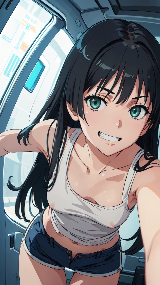  (High resolution:1.4), (masutepiece:1.2), (High quality:1.3) 1girl, saten ruiko, green eyes, long hair, black hair, small breast, tank top, hot pants, cinematic lighting,  pov, grin, dynamic angle, nsfw