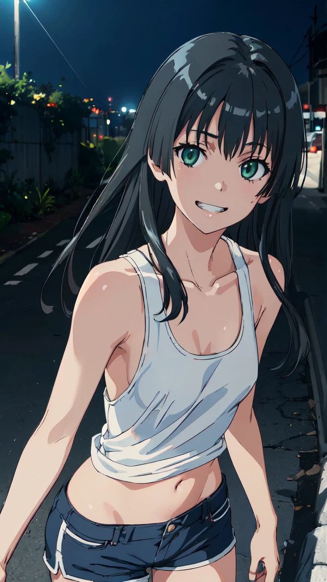  (High resolution:1.4), (masutepiece:1.2), (High quality:1.3) 1girl, saten ruiko, green eyes, long hair, black hair, small breast, tank top, hot pants, cinematic lighting,  pov, grin, dynamic angle, nsfw