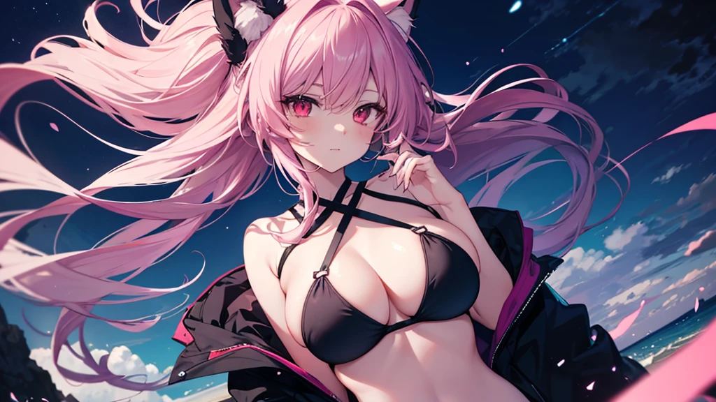 Beautiful foxgirl, big breasts, dark purple hair with pink highlights tips, masterpiece , red eyes, sexy, anime styled, 2D, mature, dynamic angle, long hair, fox tails, best quality, extremely detailed face, sharp details, high contrast, black bikini, beach, night time