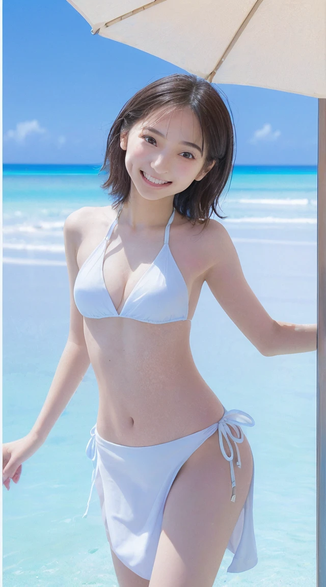 (NFSW)、(High resolution:1.5)、Highest quality,Very detailed,masterpiece,Super detailed,alone,(A front view of a 12-year-old idol),((White micro-tube-top:1.5)),Super beautiful girl、 Seraphim, ((白いmicro-bikini-panties:1.5)),  smile, (((barefoot)))、((White micro-string-panties are visible:1.5))、(The breasts are very large)、((Marine blue, crystal clear sea))、Summer sun、はしゃいだsmile、Beautiful Eyes、((Sitting with legs apart in the sparkling marine blue water:1.5))、(((Big Tits)))、(((Pose to emphasize large breasts 1.5)))、((Big breasted 12 year old lolita idol))、((Big Boobsを強調するポーズ))、((Big Boobs)).A beautiful girl with an innocent face、Sitting with her body facing me、(straight-on:1.5) 、((With legs apart))、(reflected in water) 、(((front view:1.5)))