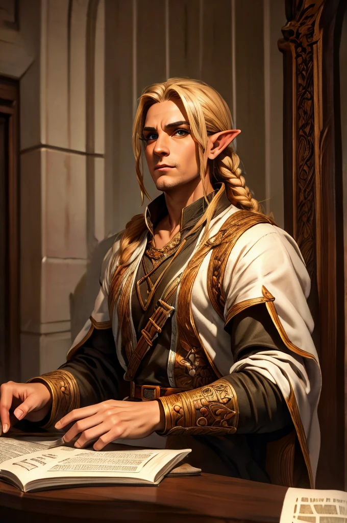 magical bracers, a large curved blade, hair braided, A sword on the wall behind him, a 40-year-old Male Elf is sitting behind a table filled with papers and open books the background an office or a library with lots of papers and maps on the wall. He is wearing a Taoist cleric robe. There is a sword on the wall behind him.
