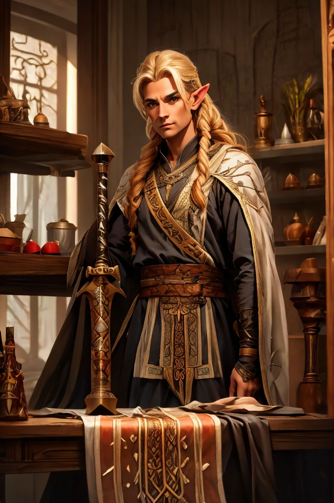 magical bracers, a large curved blade, hair braided, A sword on the wall behind him, a 40-year-old Male Elf is sitting behind a table filled with papers and open books the background an office or a library with lots of papers and maps on the wall. He is wearing a Taoist cleric robe. There is a sword on the wall behind him.
