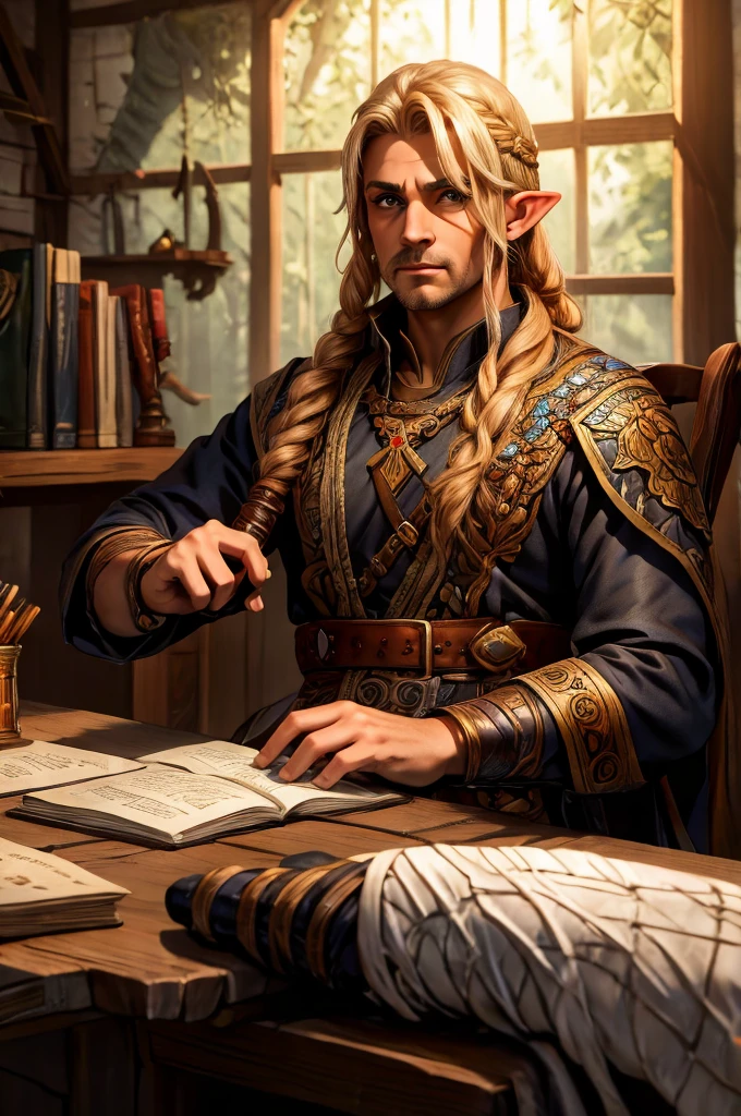 magical bracers, a large curved blade, hair braided, A sword on the wall behind him, a 40-year-old Male Elf is sitting behind a table filled with papers and open books the background an office or a library with lots of papers and maps on the wall. He is wearing a Taoist cleric robe. There is a sword on the wall behind him.
