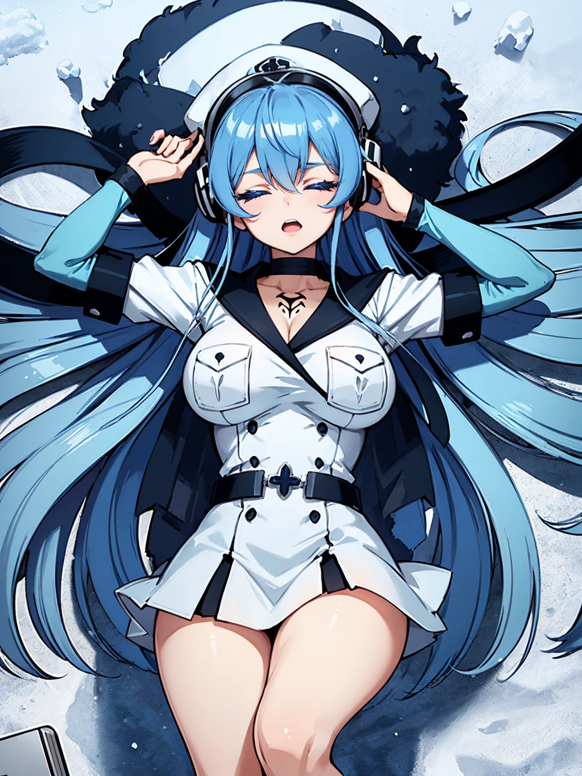 (artwork, best quality) a girl with long blue hair, closed eyes, blue eyelashes, white sailor suit, big breasts, perfect body, beautiful eyes, good waist, tattoo, screaming with joy, arms and legs open, listening to music with a headset, lying in the snow