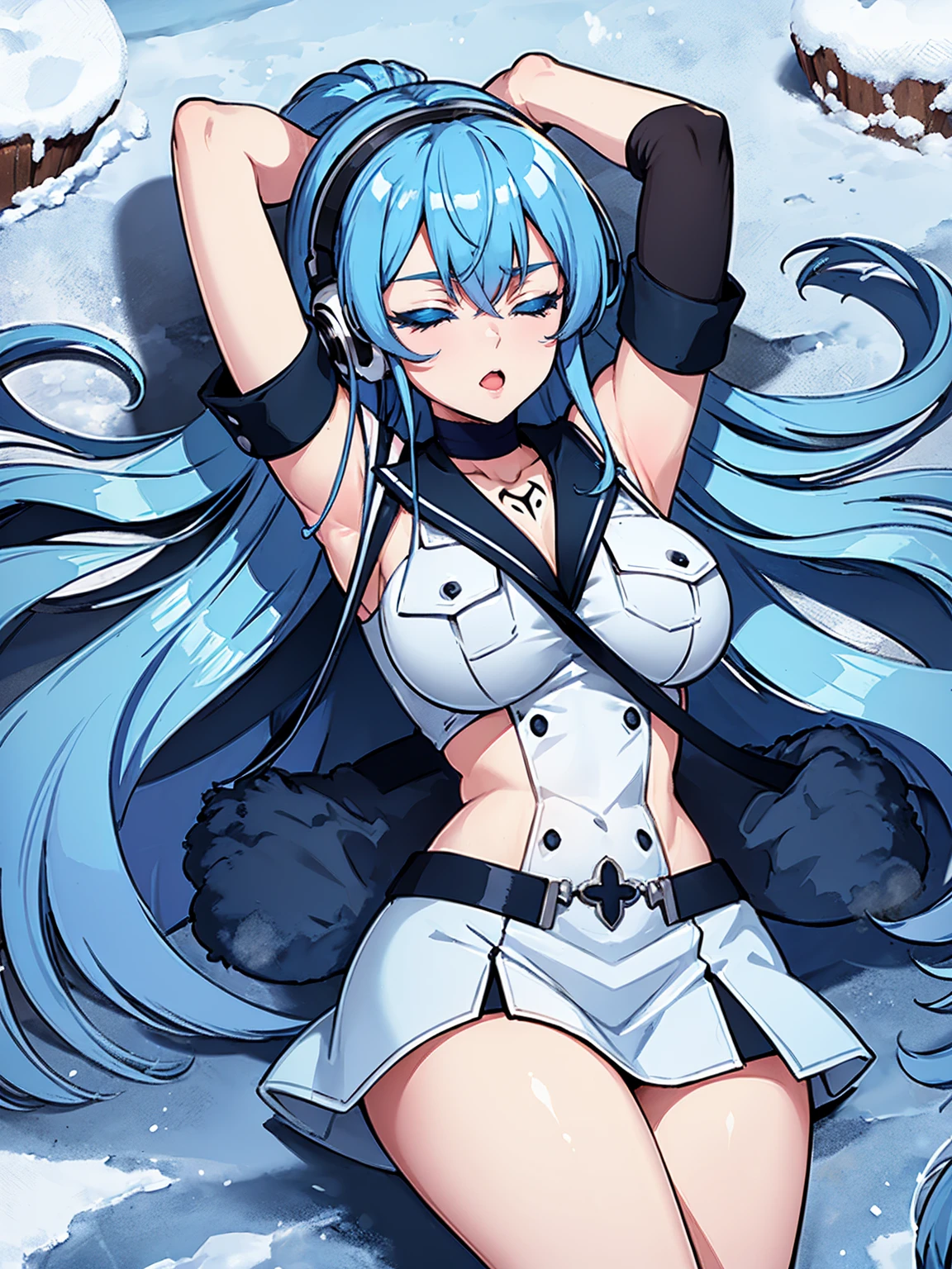 (artwork, best quality) a girl with long blue hair, closed eyes, blue eyelashes, white sailor suit, big breasts, perfect body, beautiful eyes, good waist, tattoo, screaming with joy, arms and legs open, listening to music with a headset, lying in the snow