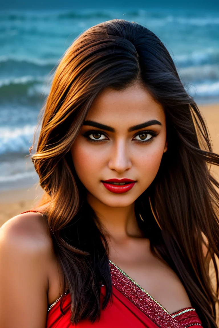 Ultra realistic cinematic soft light and ultra detailed red hour portrait,1girl in, age19, Solo, Long hair, Colossal , Looking at Viewer, black hair, Bare shoulders, Brown eyes, Full curvy body, off shoulders, saree, Realistic, A sexy, 4K, max quality, small breasts, super sharp image, 8K, beautiful pose, playboy model, photo session, red lips, headshot, masterpiece, sex bomb, kashmiri, detailed body, Egyptian dress, chewing lips, highly detailed, seducing, seductive,face only, perfect lightening, white skin, good bright lightening, beach , dancing face smile 