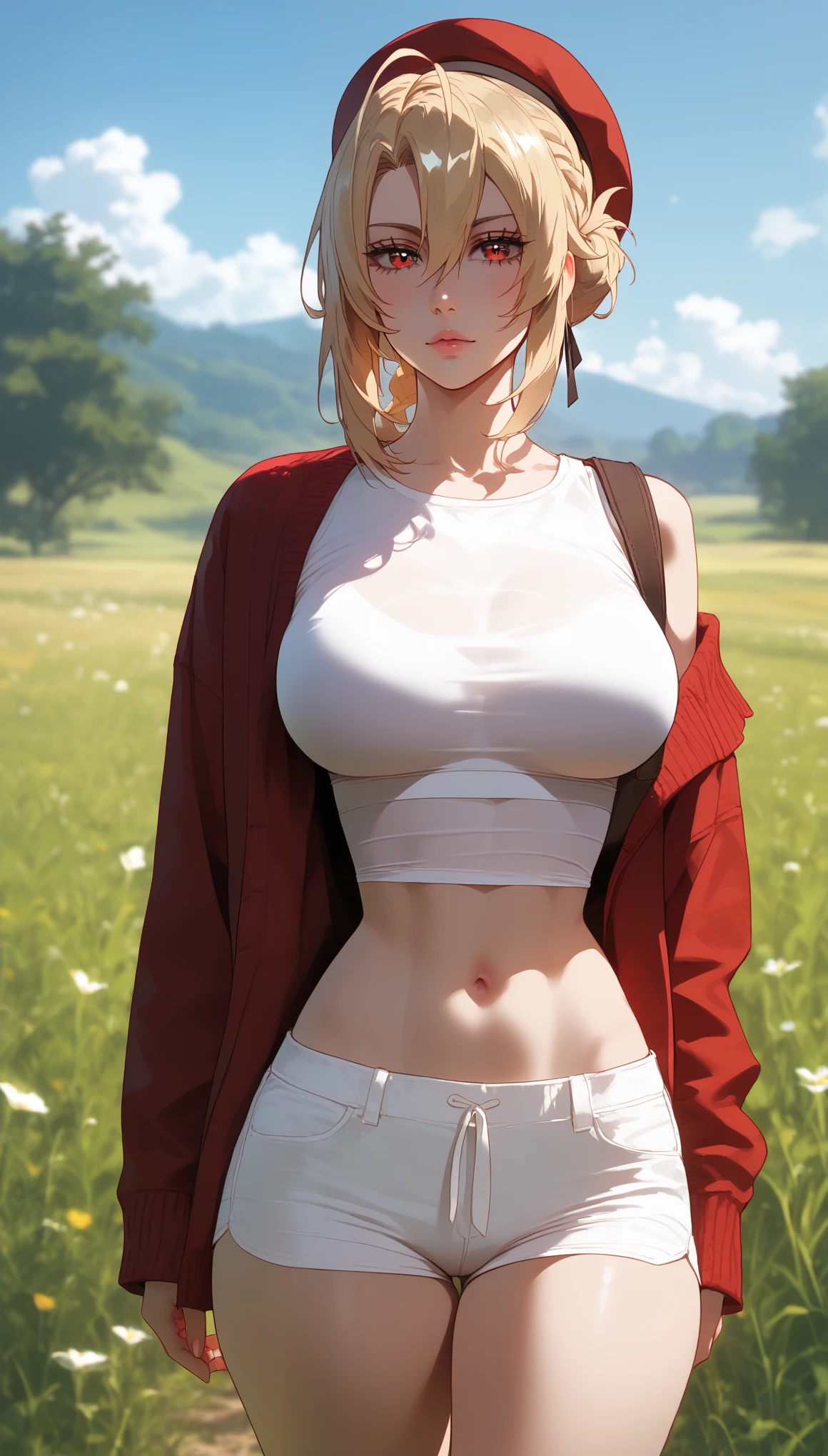 score_9, score_8_up, score_7_up, score_6_up, uncensored, angelica, blonde hair, braid, hair bun, red eyes, BREAK (masterpiece:1.2), best quality, high resolution, (beautiful detailed eyes:1.3), perfect lighting, (perfect hands, perfect anatomy), large breasts, casual, white tanktop, crop top, hotpants, red cardigan, black legwear, dynamic pose, cowboy shot, field, anime coloring, vivid colors, horizon, lens flare, 