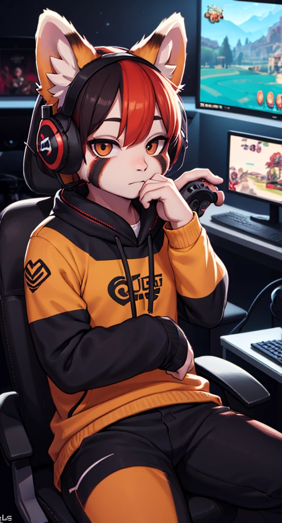 HD, high quality, Red panda, male, emo hairstyle, gaming clothes, headphones, gaming setup background