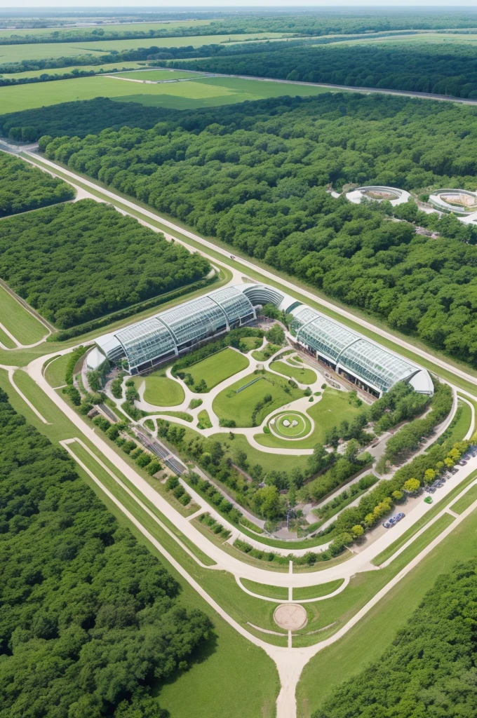 Create the image of an eco-park seen from above 