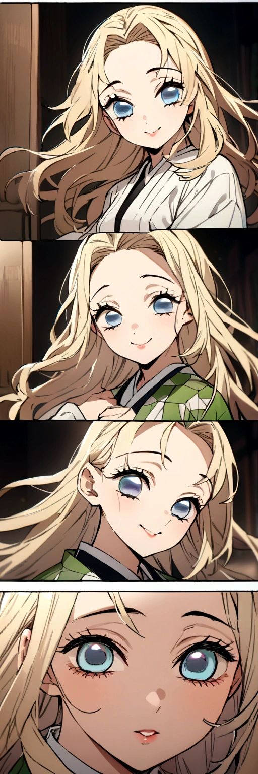 Masterpiece, Best Quality, a girl、light blonde hair、long hair、blue eyes、wearing haori、smiley、Kimetsu no Yaiba、cute girl