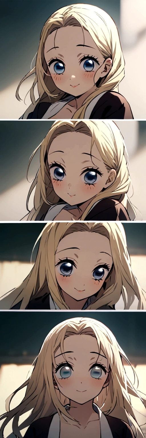 Masterpiece, Best Quality, a girl、light blonde hair、long hair、blue eyes、wearing haori、smiley、Kimetsu no Yaiba、cute girl