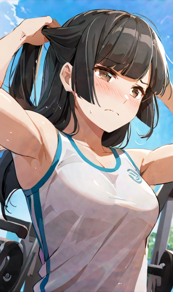 masterpiece,best quality, solo, eda, bangs, black hair, blue sky,cloud, shy expression, blushing expression, embarrassed expression, medium breast, hot, thicc, she is embarassed , she has a medium chest, she is wearing a gym outfit ,she is looking at you, closed mouth, cleavage, upper body , she is looking down on you, she is in the gym, she is working out, she is wearing sports, she is wearing white sando, she is fit, upper body, dynamic pose, dinamic view angle, detailed, she is tying her hair, she is super shy, she is embarrassed,m, sexy angle