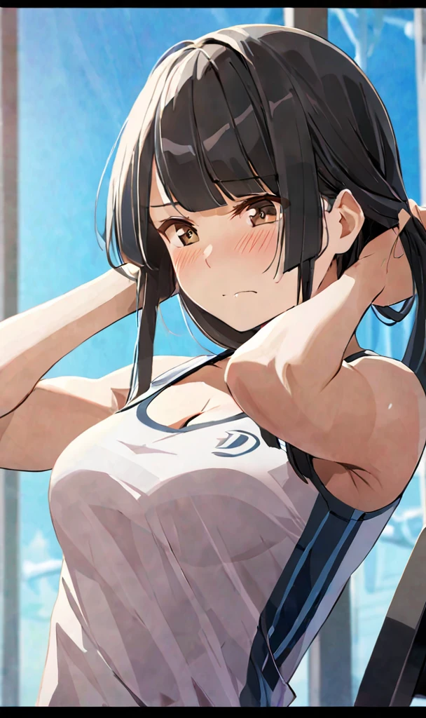 masterpiece,best quality, solo, eda, bangs, black hair, blue sky,cloud, shy expression, blushing expression, embarrassed expression, medium breast, hot, thicc, she is embarassed , she has a medium chest, she is wearing a gym outfit ,she is looking at you, closed mouth, cleavage, upper body , she is looking down on you, she is in the gym, she is working out, she is wearing sports, she is wearing white sando, she is fit, upper body, dynamic pose, dinamic view angle, detailed, she is tying her hair, she is super shy, she is embarrassed,m, sexy angle