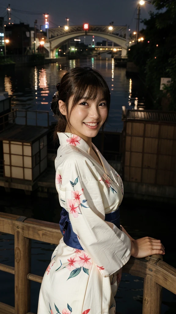 osaka city reference, city street with a river and a bridge at night and cruiser ship at middle of river, japanese city at night, japanese neon signs, japan at night, japanese city, glowing light, Bird eye view: A woman looking at the river、yukata、young woman、Japanese、cute、Laughing with mouth open、Bright expression、Cute yukata outfit、ボートに乗っている、