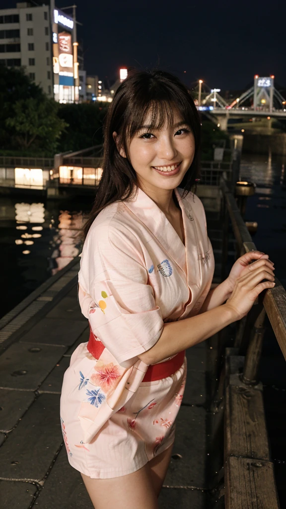 osaka city reference, city street with a river and a bridge at night and cruiser ship at middle of river, japanese city at night, japanese neon signs, japan at night, japanese city, glowing light, Bird eye view: A woman looking at the river、yukata、young woman、Japanese、cute、Laughing with mouth open、Bright expression、Cute yukata outfit、ボートに乗っている、