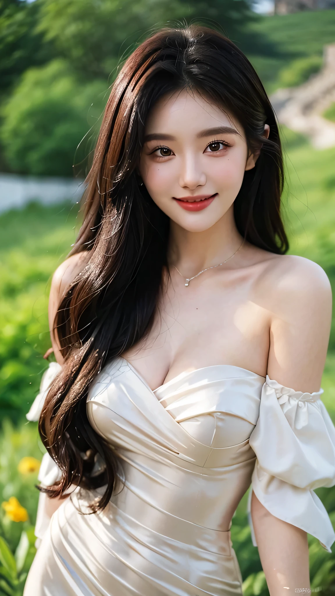 A sweet girl by the moutain，voluminous hair，Delicate face，Photorealsitic，of a real，largeaperture，wears a dress body slim luxury，A cropped dress，Off-the-shoulder，A dress around the neck，Slim，smiles，Ultra-high resolution, Blurred background