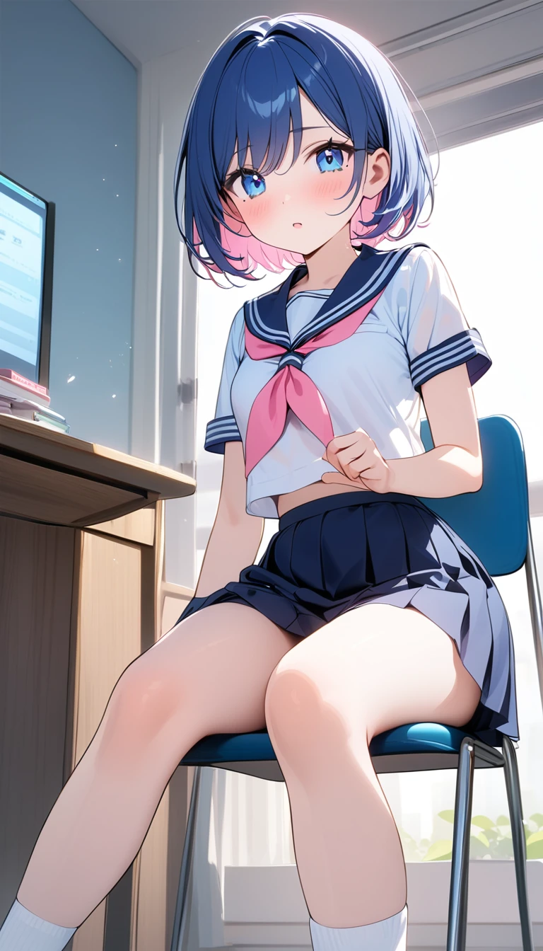 (1 girl),(Best Picture Quality, 8K, Masterpiece:1.3), (high school student:1.5), (pink lob hair:1.1), [skyblue hair:0.1], (bob cut),(swept bangs), (cute eyes, pupil black, iris skyblue, youthful face), (mole under right eye), (standard weight), (small breasts), (glistening skin:1.1),(pale skin:1.2), ((serafuku, white sailor short sleeve simple shirt, darkblue skirt, darkblue sailor collar, pink ribbon)),sitting on a chair,a class in session.