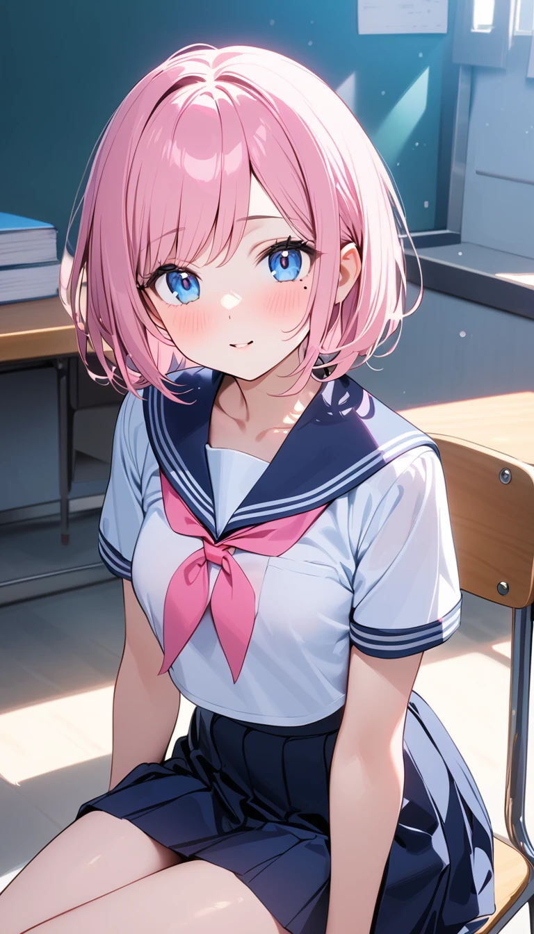 (1 girl),(Best Picture Quality, 8K, Masterpiece:1.3), (high school student:1.5), (pink lob hair:1.1), [skyblue hair:0.1], (bob cut),(swept bangs), (cute eyes, pupil black, iris skyblue, youthful face), (mole under right eye), (standard weight), (small breasts), (glistening skin:1.1),(pale skin:1.2), ((serafuku, white sailor short sleeve simple shirt, darkblue skirt, darkblue sailor collar, pink ribbon)),sitting on a chair,a class in session.