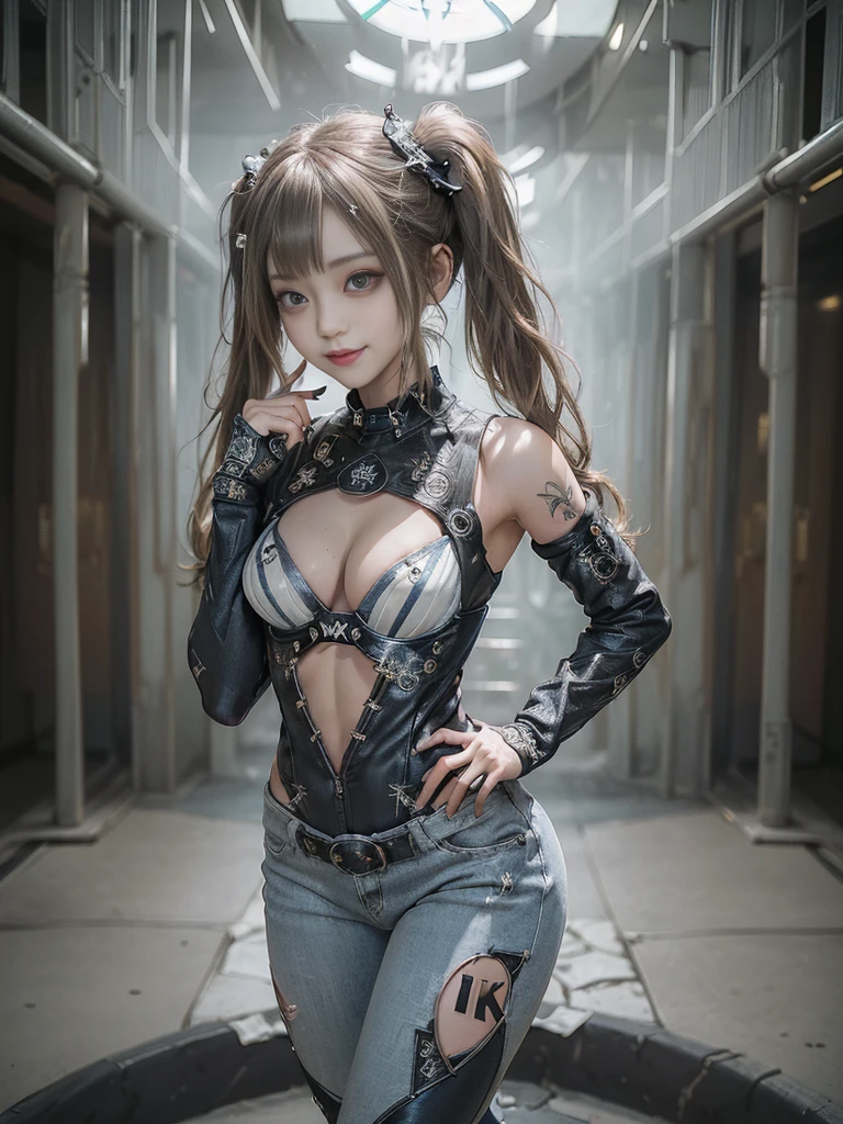 (Full Body View:1.3)、(Side view:1.1)、(Smiling with teeth showing:1.3),(Shibuya Gal:1.5)、(Gothic ta style fashion:1.5)、(Punk RockVisual Kei:1.5)、(Wearing a rhythmic gymnastics bodysuit with intricate details:1.4)、(Racing suit and pants with intricate decorations in white, denim and charcoal:1.5)、(Denim and light blue and white boots:1.3)、((belt))、(Numerous delicate logo marks all over the costume:1.4)、(collar:1.3)、(Striped underwear:1.5)、20-year-old、NSFW、((Highest quality、In 8K、masterpiece:1.3))、Sharp focus:1.2、(Layered Cut、Huge boobs:1.1),Beautiful woman with perfect figure:1.4、(Doing an aerobics pose:1.3)、Slender Abs:1.2、Highly detailed face and skin texture、Detailed eyes、double eyelid,(Twin tails:1.3)、(Brown-golden hair:1.3)、Gravure idol、(The background is a beautiful crystal underground palace:1.3)、(Slim body:1.3),(Make your legs thinner:1.4),(Thin thighs:1.1)、(clavicle:1.1)