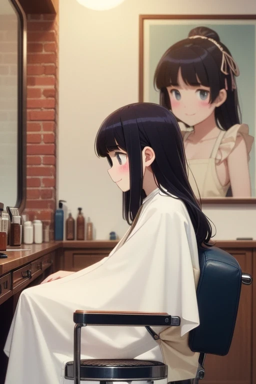  ((A girl in a white cloth is sitting on a swivel chair)), window, mirror, Portrait poster, Faded red brick wall, Black Hair, Hime cut, Long Hair, shy, blush, smile, big ,  shape, ((night)), (((Twilight))),