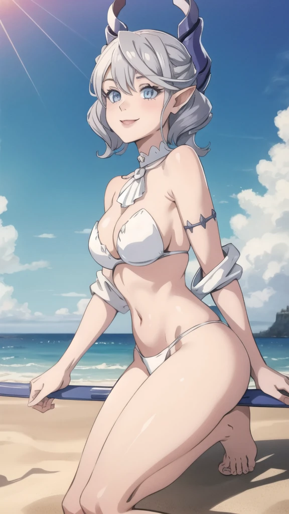 Beautiful arts wallpaper Sunset Outside castle top High level image quality best image quality 8K adult woman silver castle outside more colors whole body view portrait wearing pure white bikini naked horn ears short hair((shortcut)(gray hair)(perm)(fluffy)) eye color is blue , , attractive evil face , smile , beach , labrynth , , barefoot , riding crossed legs on surfer , riding fast ocean