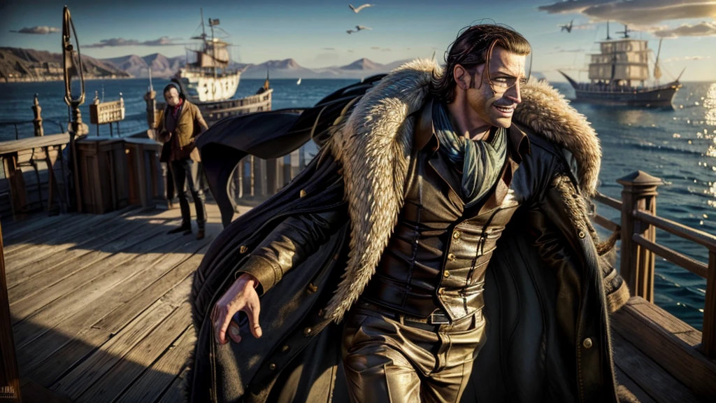 masterpiece, best quality, extremely detailed, hyperrealistic, photorealistic, a cool 40s man, ultra detailed face:1.2, fur-trimmed coat, scarf around the neck, his left hand is a golden pirate hook:1.1, sea, port city, ship, in the sunshine:1.1, sly smile, walking