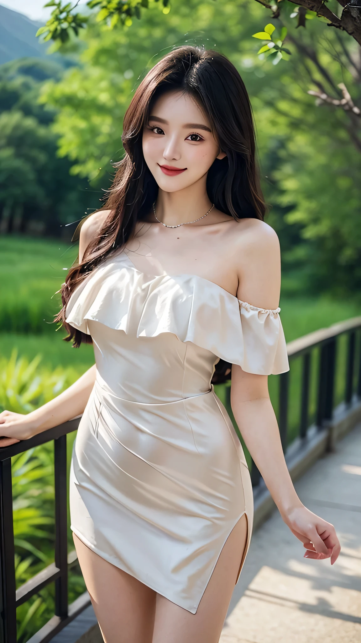 A sweet girl by the moutain，voluminous hair，Delicate face，Photorealsitic，of a real，largeaperture，wears a dress body slim luxury，A cropped dress，Off-the-shoulder，A dress around the neck，Slim，smiles，Ultra-high resolution, Blurred background