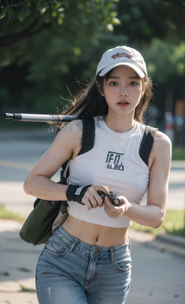 (8K, RAW photos, best quality,Ultra-high resolution,Ultra-clear details, masterpiece:1.2),(Practical, Practicalな写真:1.4),(Highly detailed CG Unity 8K wallpaper),(Round Face: 1.5), (Fine pupils:1.3),(God's eyes:1.1),(Unforgettable eyes:1.1),(You have beautiful eyes:1.1),
20 years old, Korean woman, Beautiful delicate face、Fair skin, You are wearing clothes.s. Hold an assault rifle in both hands,Marines,Bulletproof vest、Backpack、heavy equipment、(full-body shot) Battles on the battlefield, Strong muscles, World War, Modern war themes,Army girl, running、Assault rifle with precise details, (Hold on to your rifle.: 1.3), (Aim and hold the rifle.: 1.3), Shootout, , Baseball cap, car on fire, War Zone,, explode, Burning City, cigarette, Broken Tower, belly button, Gloves, Torn pants, A face stained with mud and blood, Sweating of the skin, Bloody Skin, muddy skin, Declaration of determination, Accurate expression, best quality, Ultra-high resolution, Practicalな, 、Physically Based Rendering(Physically Based Rendering(Physically Based Rendering)), light, complicated, Feeling,像一样柔和的light, Pleasant tone, Battlefield Background, city war background, Practical, Cowboy shooting, Dynamic Angle,, Mahindra Thar, electric wire, 8K!!, 偉大なmasterpiece,, Production: Tom Karafik、Impressive pose