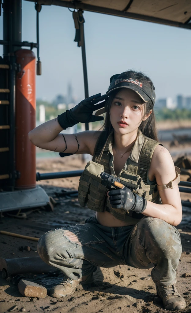(8K, RAW photos, best quality,Ultra-high resolution，Ultra-clear details， masterpiece:1.2),(Practical, Practicalな写真:1.4),(Highly detailed CG Unity 8K wallpaper),(Round Face: 1.5), (Fine pupils:1.3),(God&#39;s eyes:1.1),(Unforgettable eyes:1.1),(You have beautiful eyes:1.1),
20 years old, Korean woman, Beautiful delicate face、Fair skin, You are wearing clothes.s. Hold an assault rifle in both hands，Marines,Bulletproof vest、Backpack、heavy equipment、（full-body shot） Battles on the battlefield, Strong muscles, World War, Modern war themes,Army girl, running、Assault rifle with precise details, (Hold on to your rifle.: 1.3), (Aim and hold the rifle.: 1.3), Shootout, , Baseball cap, car on fire, War Zone,, explode, Burning City, cigarette, Broken Tower, belly button, Gloves, Torn pants, A face stained with mud and blood, Sweating of the skin, Bloody Skin, muddy skin, Declaration of determination, Accurate expression, best quality, Ultra-high resolution, Practicalな, 、Physically Based Rendering(Physically Based Rendering(Physically Based Rendering)), light, complicated, Feeling,像一样柔和的light, Pleasant tone, Battlefield Background, city war background, Practical, Cowboy shooting, Dynamic Angle,, Mahindra Thar, electric wire, 8K!!, 偉大なmasterpiece,, Production: Tom Karafik、Impressive pose