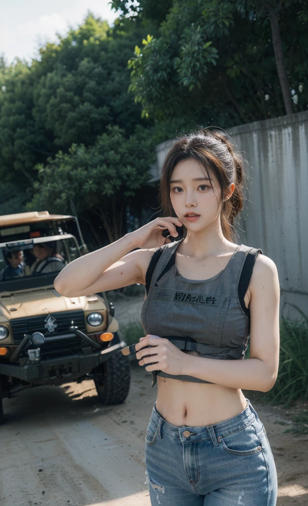 (8K, RAW photos, best quality,Ultra-high resolution,Ultra-clear details, masterpiece:1.2),(Practical, Practicalな写真:1.4),(Highly detailed CG Unity 8K wallpaper),(Round Face: 1.5), (Fine pupils:1.3),(God's eyes:1.1),(Unforgettable eyes:1.1),(You have beautiful eyes:1.1),
20 years old, Korean woman, Beautiful delicate face、Fair skin, You are wearing clothes.s. Hold an assault rifle in both hands,Marines,Bulletproof vest、Backpack、heavy equipment、(full-body shot) Battles on the battlefield, Strong muscles, World War, Modern war themes,Army girl, running、Assault rifle with precise details, (Hold on to your rifle.: 1.3), (Aim and hold the rifle.: 1.3), Shootout, , Baseball cap, car on fire, War Zone,, explode, Burning City, cigarette, Broken Tower, belly button, Gloves, Torn pants, A face stained with mud and blood, Sweating of the skin, Bloody Skin, muddy skin, Declaration of determination, Accurate expression, best quality, Ultra-high resolution, Practicalな, 、Physically Based Rendering(Physically Based Rendering(Physically Based Rendering)), light, complicated, Feeling,像一样柔和的light, Pleasant tone, Battlefield Background, city war background, Practical, Cowboy shooting, Dynamic Angle,, Mahindra Thar, electric wire, 8K!!, 偉大なmasterpiece,, Production: Tom Karafik、Impressive pose