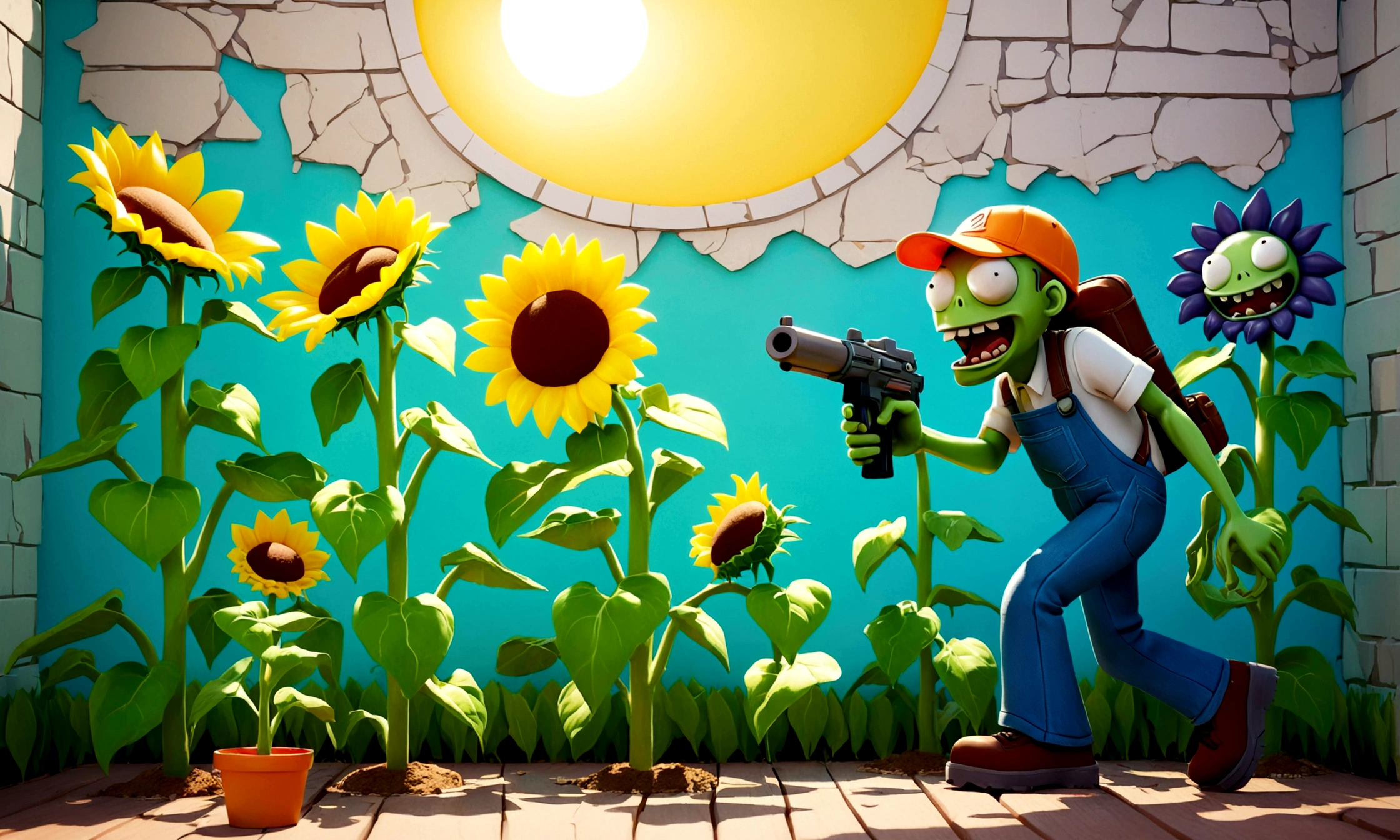 Plants vs Zombies style, Peashooter, Sunflower, Wall-nut, Zombie,hand-painted, vivid colors, cartoony, detailed characters, lush garden, dynamic poses, highres, detailed environment, action-packed, cute, comical, sunlit, studio lighting, playful, colorful palette, imaginative composition, whimsical, captivating scenes