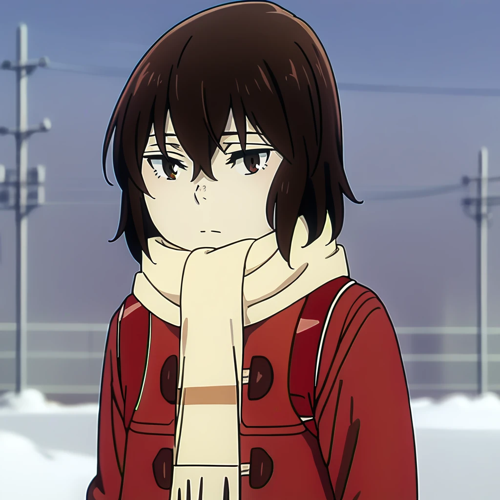 score_9, score_8_up, score_7_up, source_anime, sharp focus, pixiv masterpiece, intricate details, expressionless, kayo_hinazuki, headshot, medium close-up, red coat, scarf, 