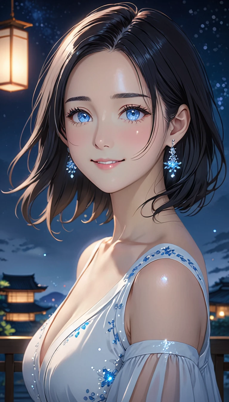 National Science Foundation,masterpiece,High resolution,8K,art,refer to,Kyoto Animation Style,Your Name movie style,To the camera,Woman looking at the camera,night,midnight,Soft Light,Glowing Skin,(1 female: 1.3),(alone: 1.4),(((Black Hair))),(A woman wearing a white dress),(An elegant one-piece dress like that worn by a young lady of a good family:1.2),(Silver Earrings),Long eyelashes,(Long Bob),(Medium Hair),shiny hair, crystal hair,Feminine poses,colse of upper body,Bust Shot,nightの星空,Eyes as deep as the starry sky,(((Pale blue eyes))),Moist eyes,Blushed,Embarrassed face,A woman smiling quietly,mystery,mystery的な,