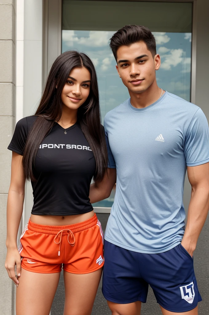 far off photo of a woman wearing shorts and sports attire standing next to man wearing sport attire. both are young. the man has his arm around the girl’s waist. they both look happy and gurl is looking in camera and the boy is looking at the girls’s face. 