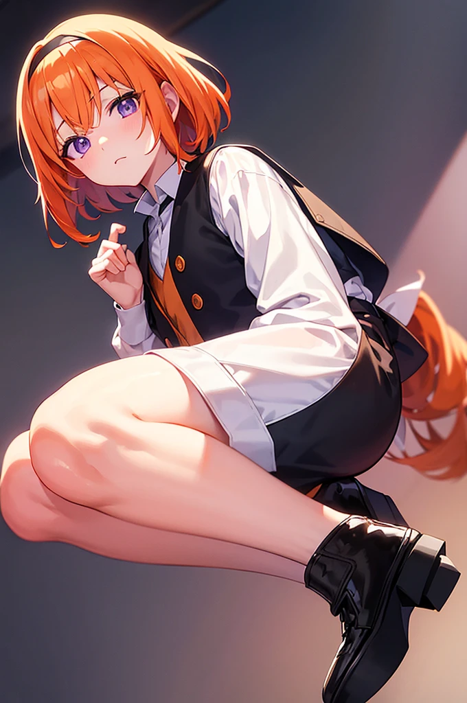 White background、Japan anime illustrations、Adult male、Anime Male、Orange Hair、all back、She has her bangs up、Black headband、Monocle、Purple Eyes、White shirt、Black vest、Black slacks、Brown leather shoes