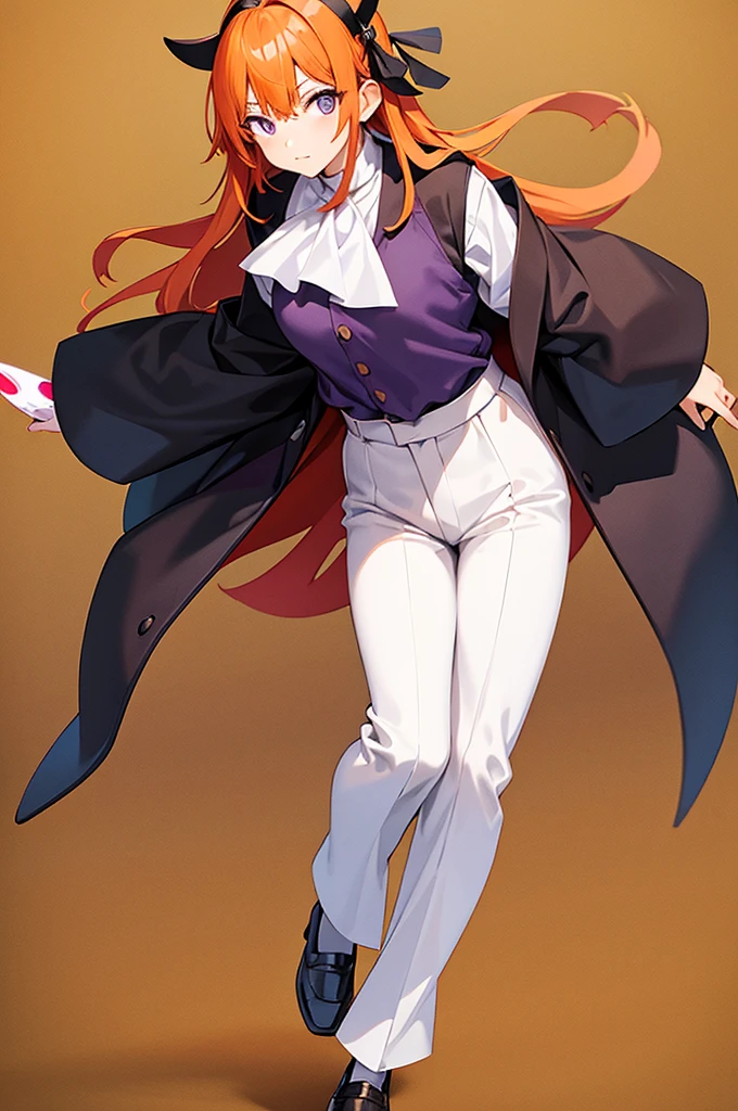 White background、Japan anime illustrations、Adult male、Anime Male、Orange Hair、all back、She has her bangs up、Black headband、Monocle、Purple Eyes、White shirt、Black vest、Black slacks、Brown leather shoes