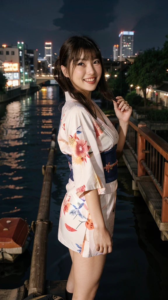 osaka city reference, city street with a river and a bridge at night and cruiser ship at middle of river, japanese city at night, japanese neon signs, japan at night, japanese city, glowing light, Bird eye view: A woman looking at the river、yukata、young woman、Japanese、cute、Laughing with mouth open、Bright expression、Cute yukata outfit